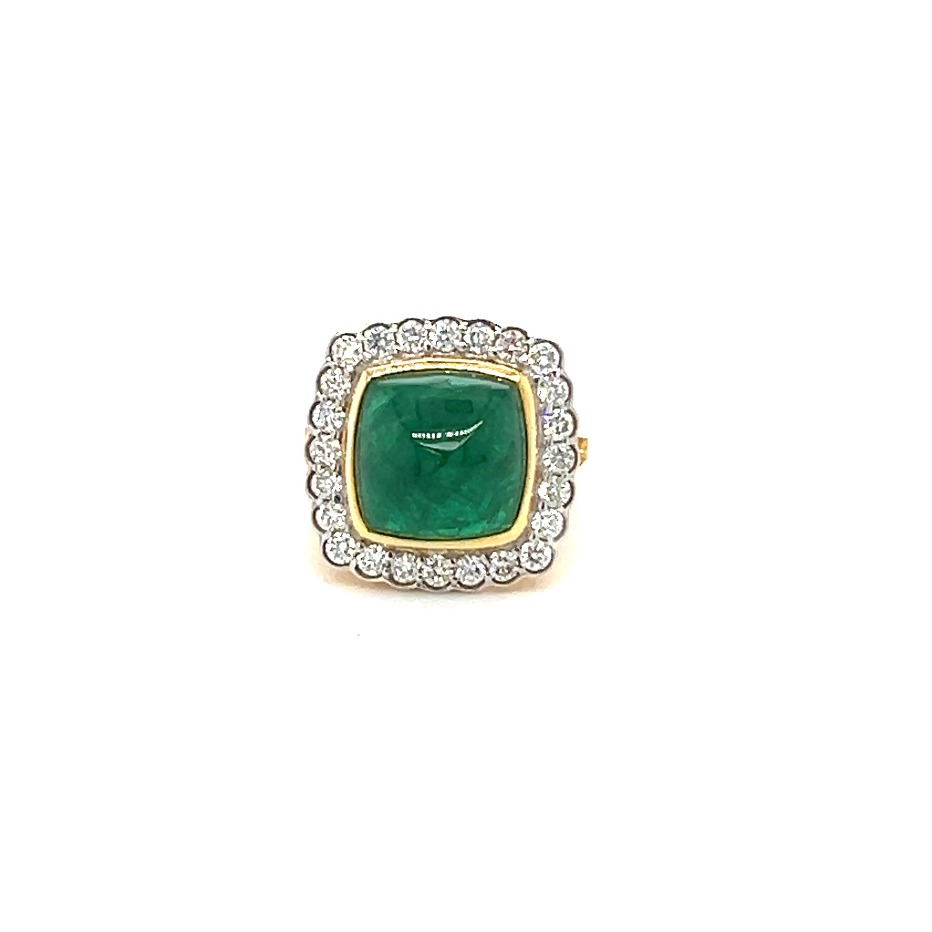 A stunning Natural Emerald Diamond ring set in 18-Kt yellow gold ring featuring with natural 6.44-carat emerald beautifully surrounded by 0.77-carat natural diamonds. 
