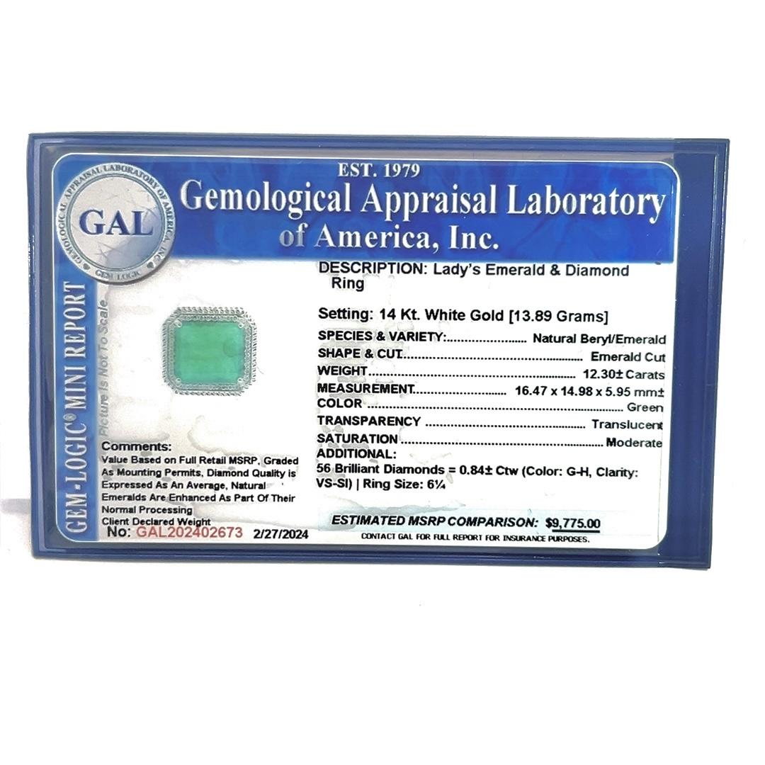 Natural Emerald Diamond Ring Size 6.25 14k W Gold 13.14 TCW Certified For Sale 9