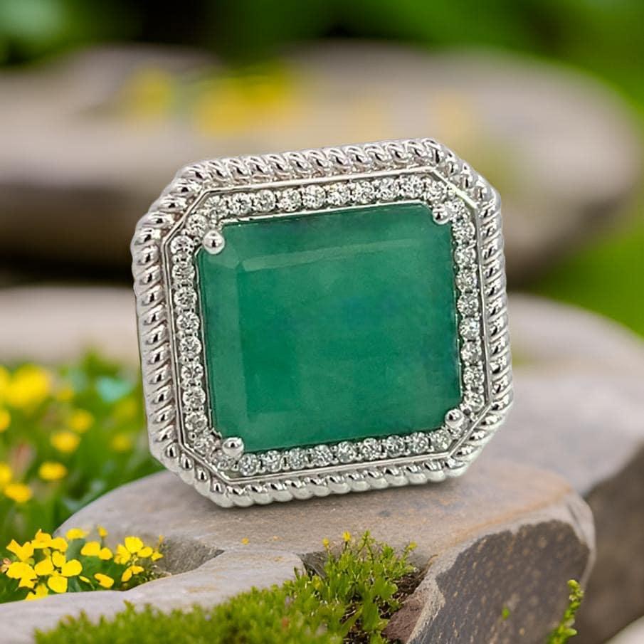Natural Emerald Diamond Ring Size 6.25 14k W Gold 13.14 TCW Certified In New Condition For Sale In Brooklyn, NY