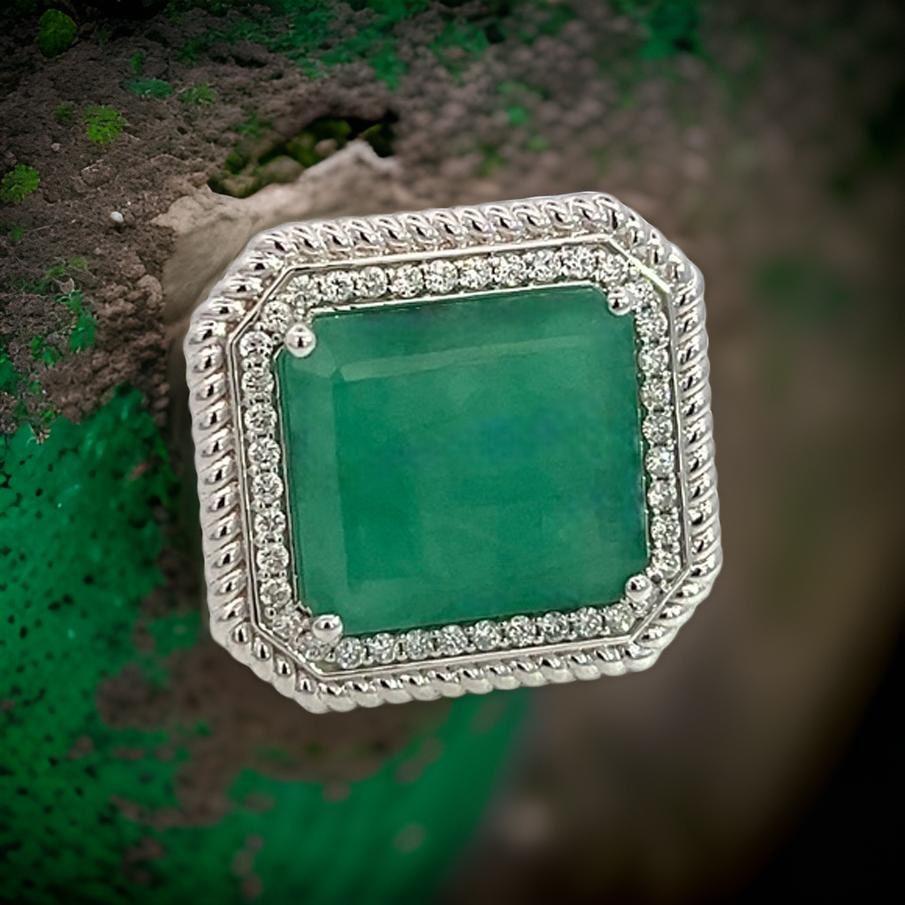 Natural Emerald Diamond Ring Size 6.25 14k W Gold 13.14 TCW Certified For Sale 2