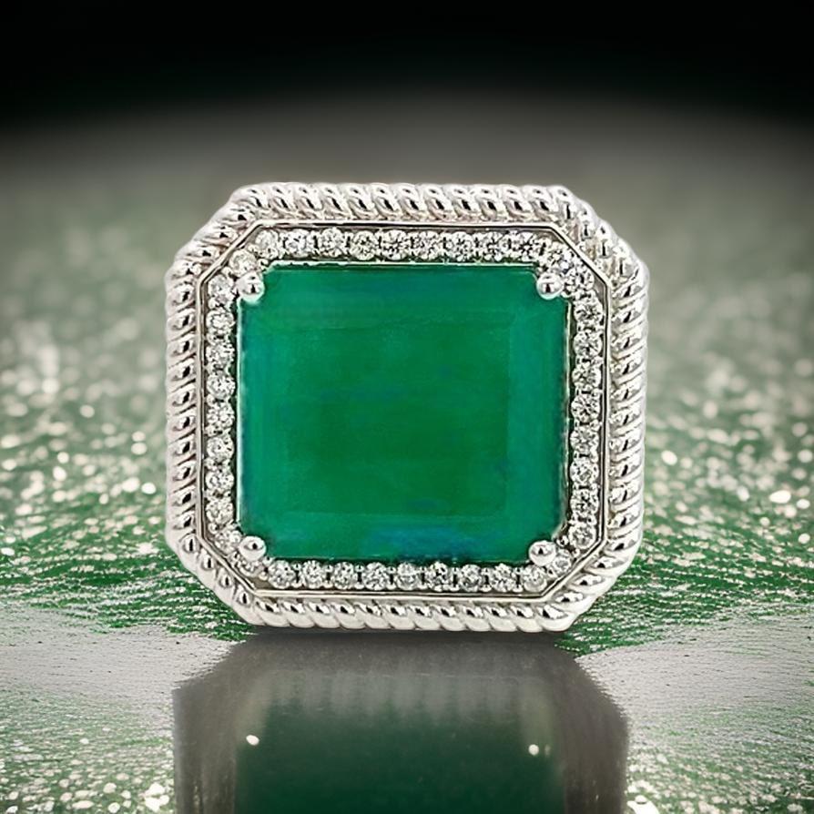Natural Emerald Diamond Ring Size 6.25 14k W Gold 13.14 TCW Certified For Sale 5