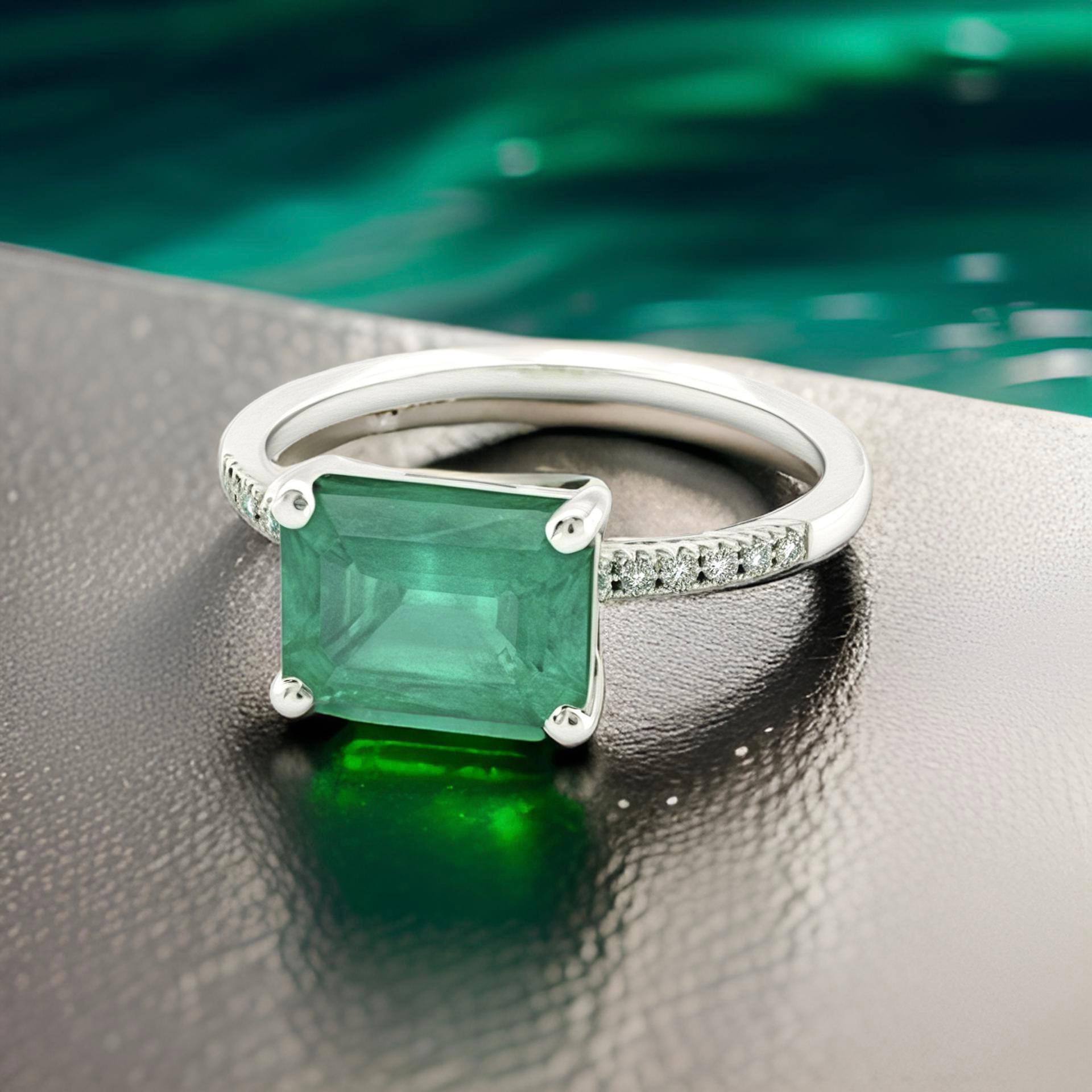 Emerald Cut Natural Emerald Diamond Ring Size 6.5 14k Gold 1.95 TCW Certified For Sale