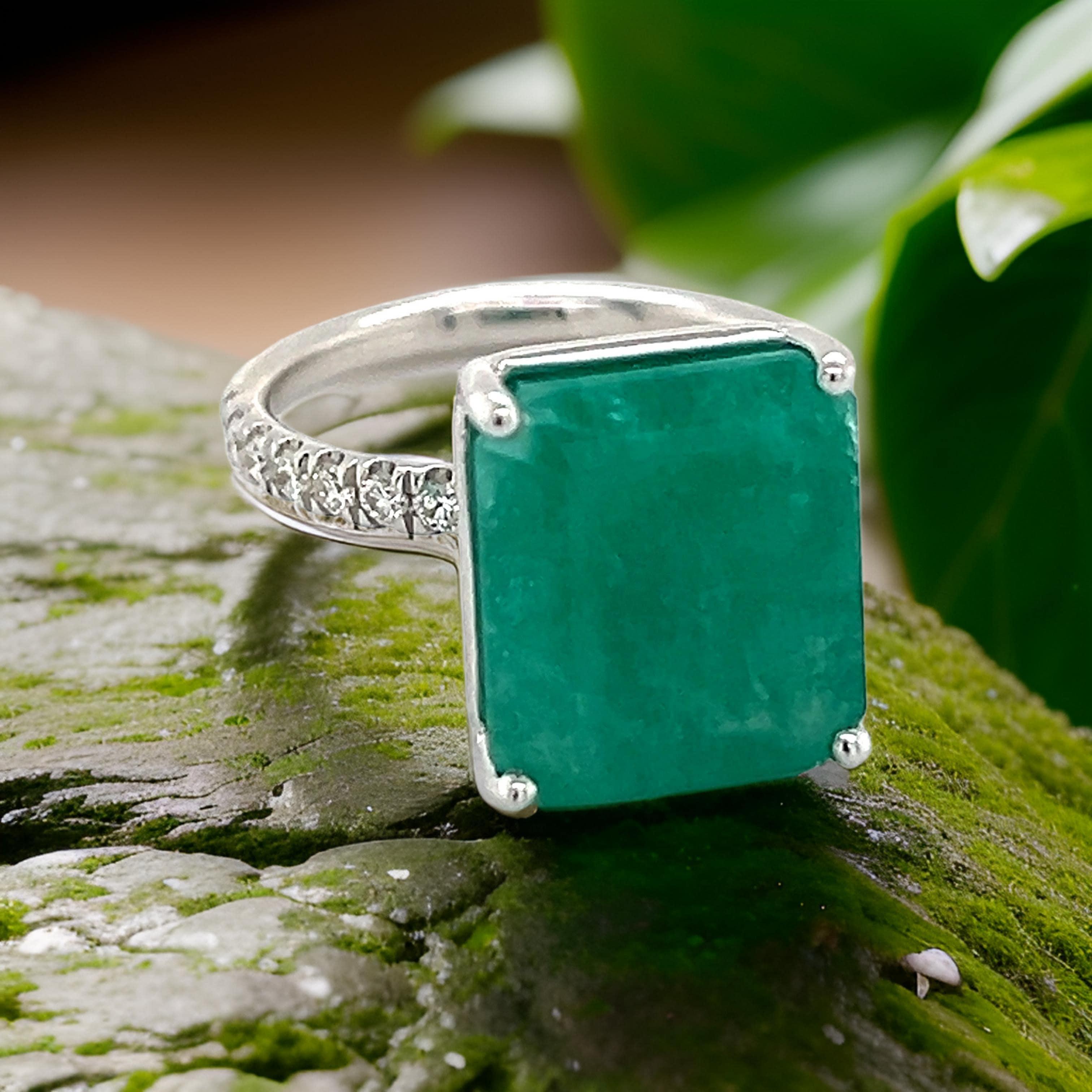 Natural Emerald Diamond Ring Size 6.5 14k White Gold 8.27 TCW Certified For Sale 5