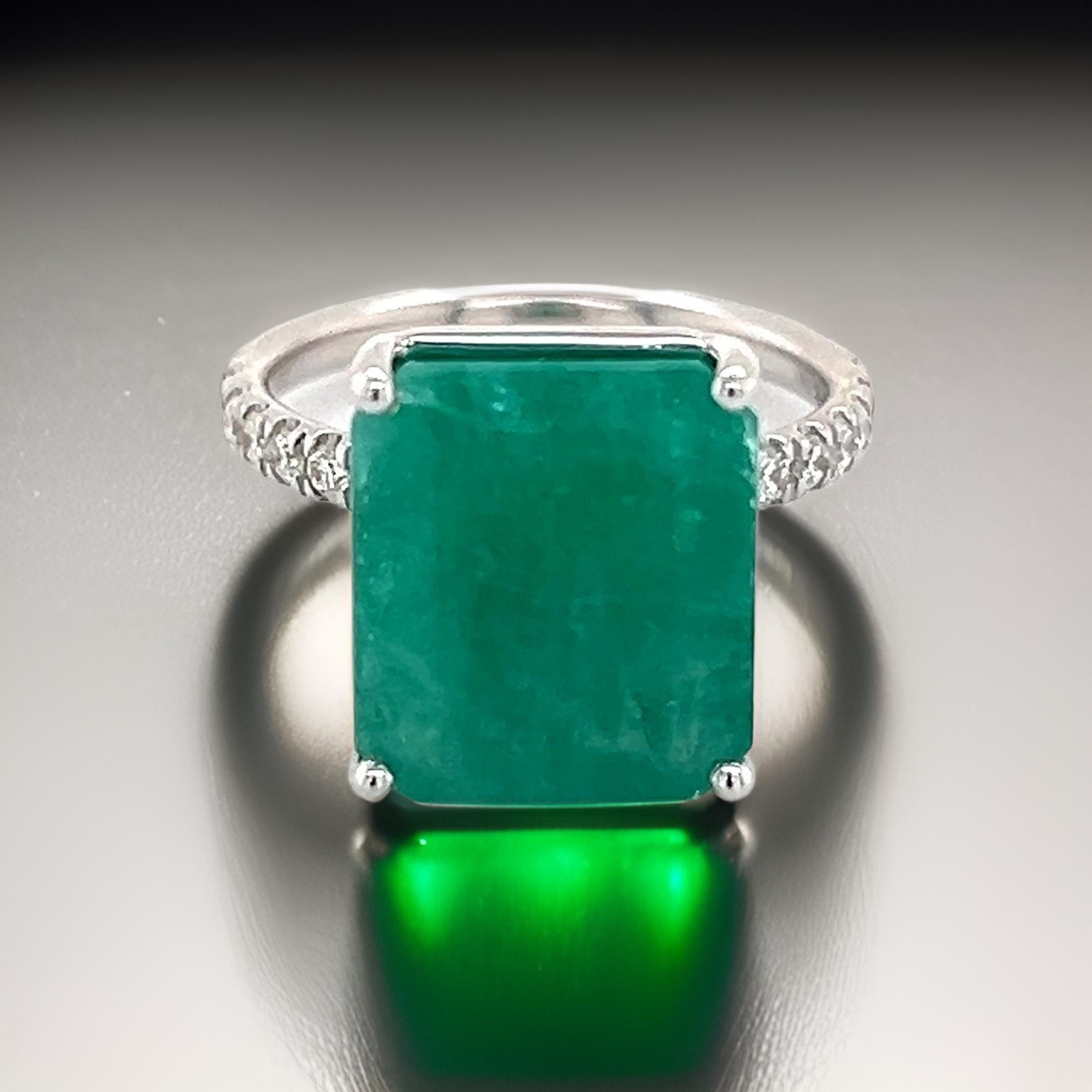 Natural Emerald Diamond Ring Size 6.5 14k White Gold 8.27 TCW Certified For Sale 1