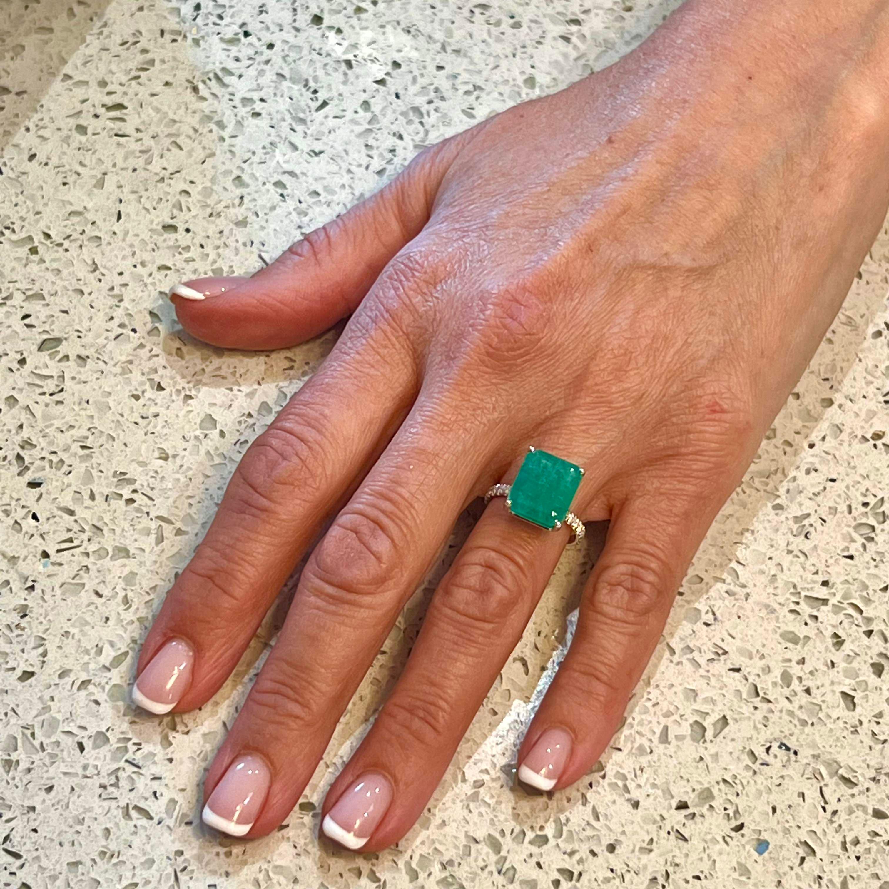 Natural Emerald Diamond Ring Size 6.5 14k White Gold 8.27 TCW Certified For Sale 2