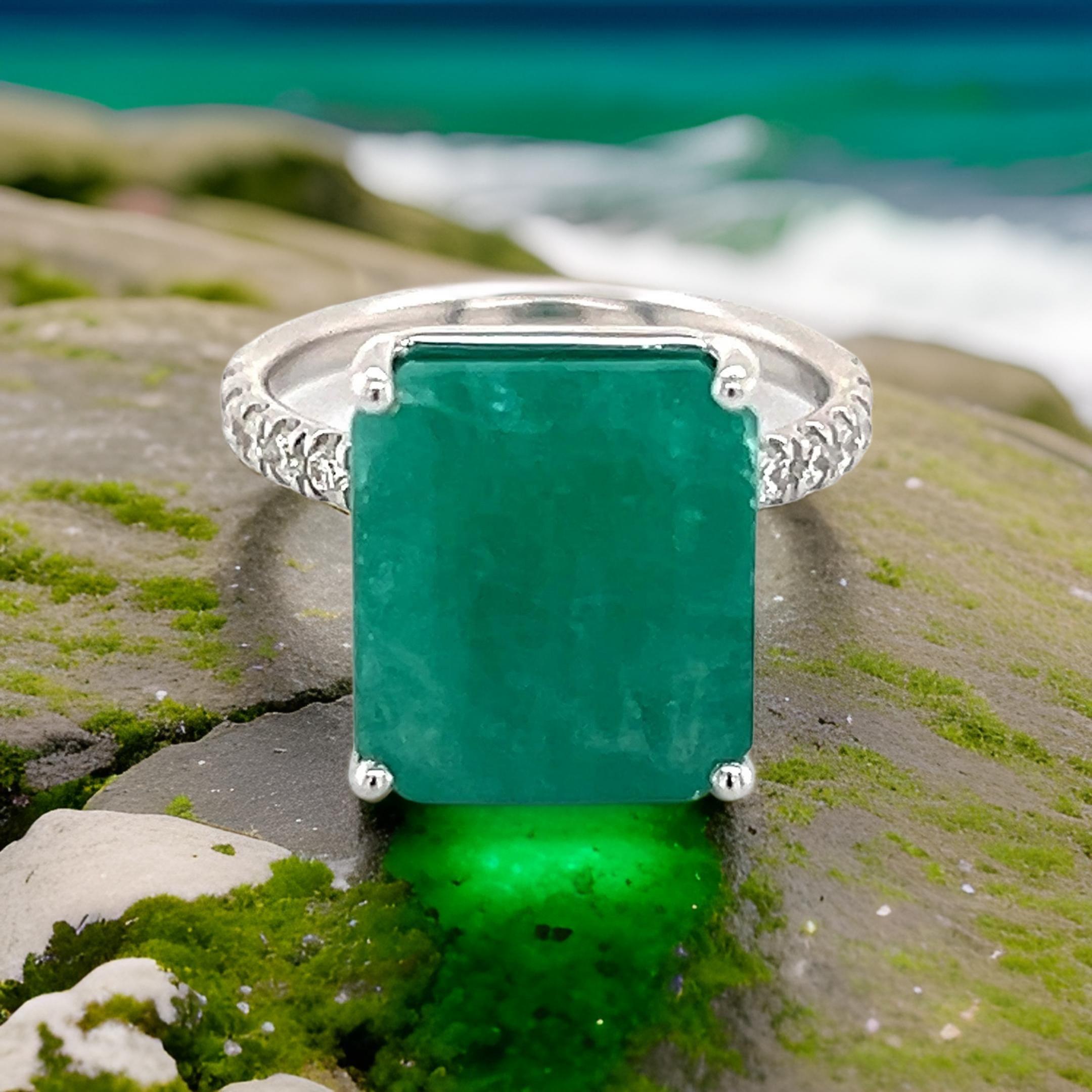 Natural Emerald Diamond Ring Size 6.5 14k White Gold 8.27 TCW Certified For Sale 3