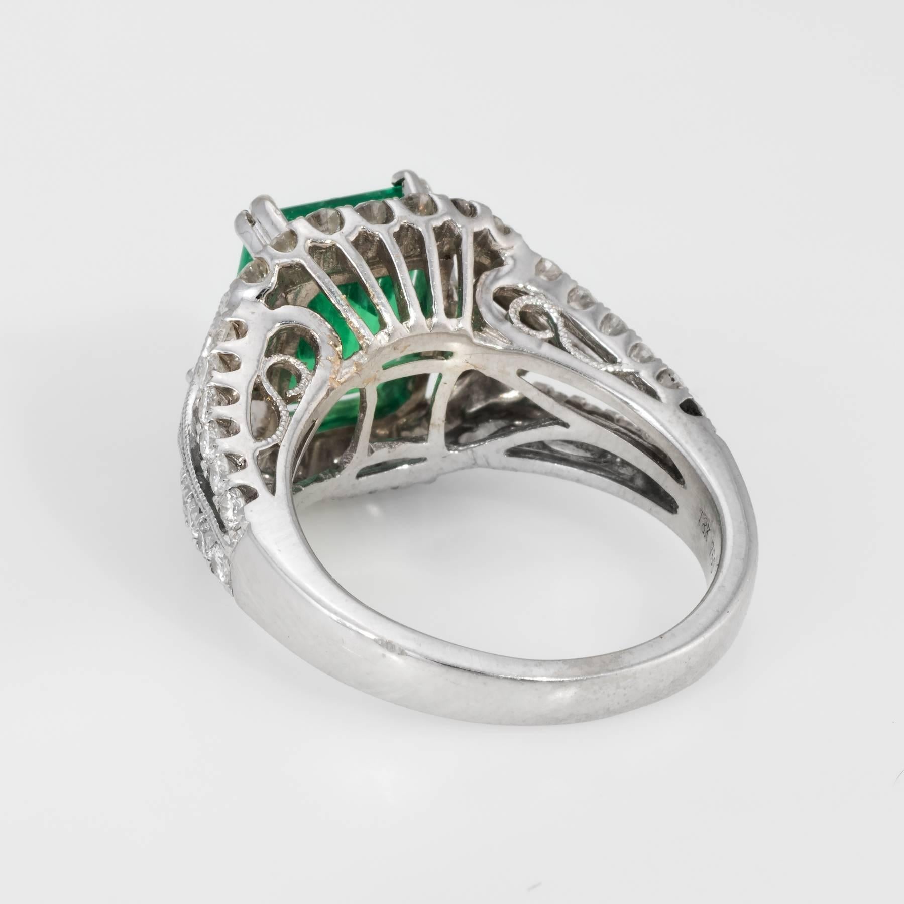 Natural Emerald Diamond Ring Vintage 18 Karat White Gold Heirloom In Excellent Condition In Torrance, CA