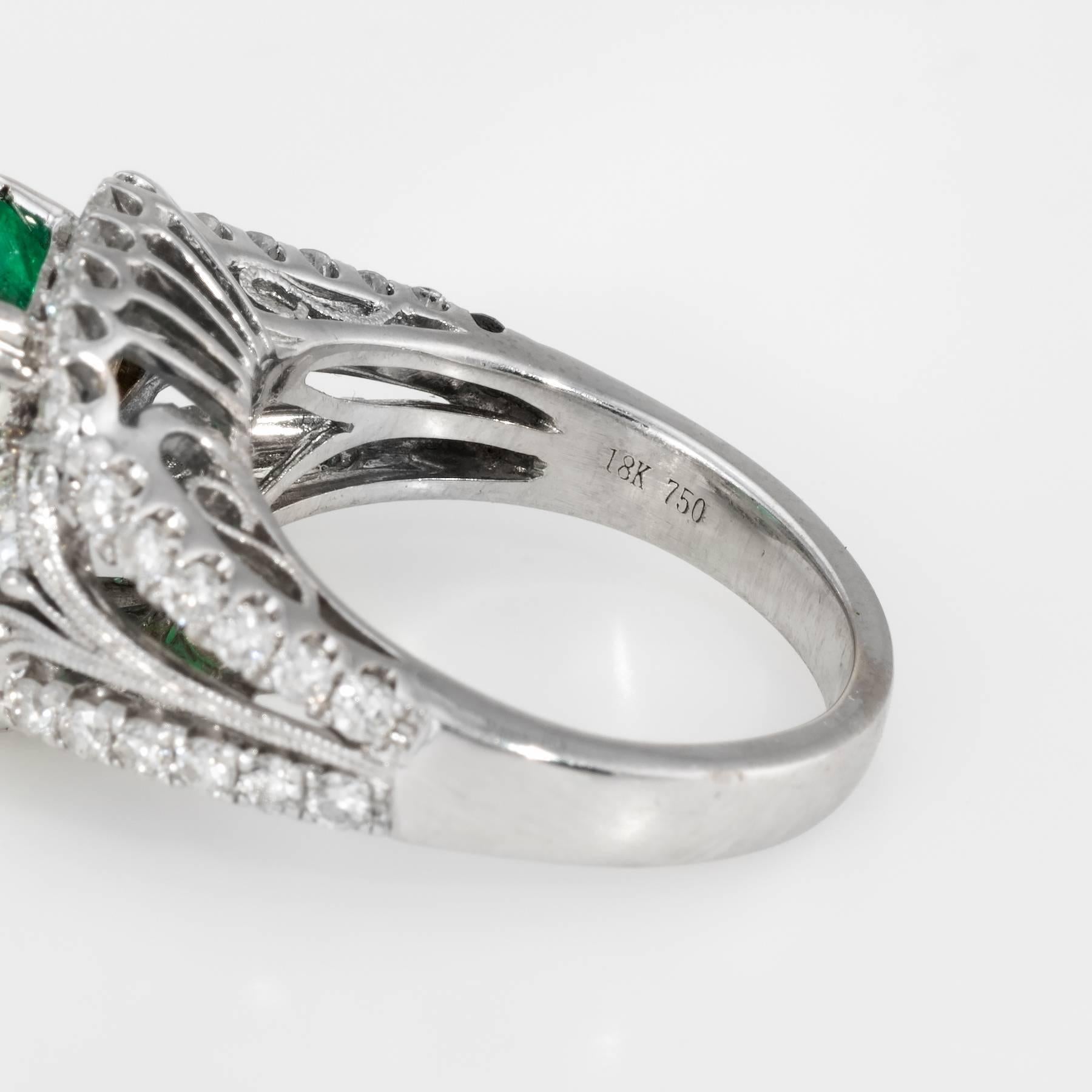 Natural Emerald Diamond Ring Vintage 18 Karat White Gold Heirloom 1