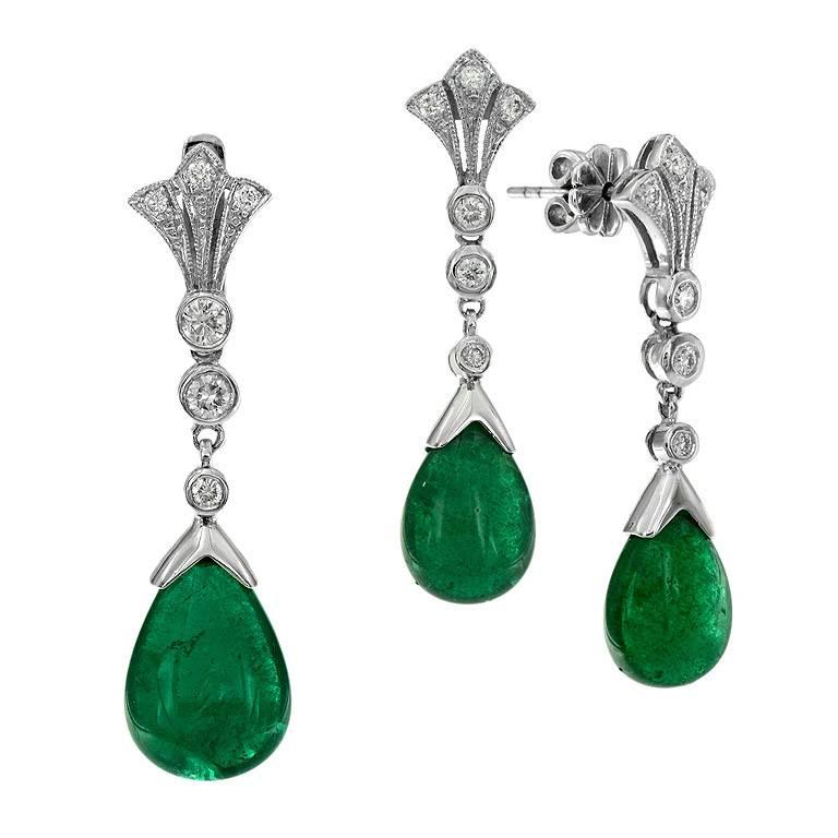 Natural Emerald Diamond Set Pendant and Drop Earrings