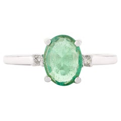Natural Emerald Diamond Simple Ring in 14 Karat Solid White Gold for Women