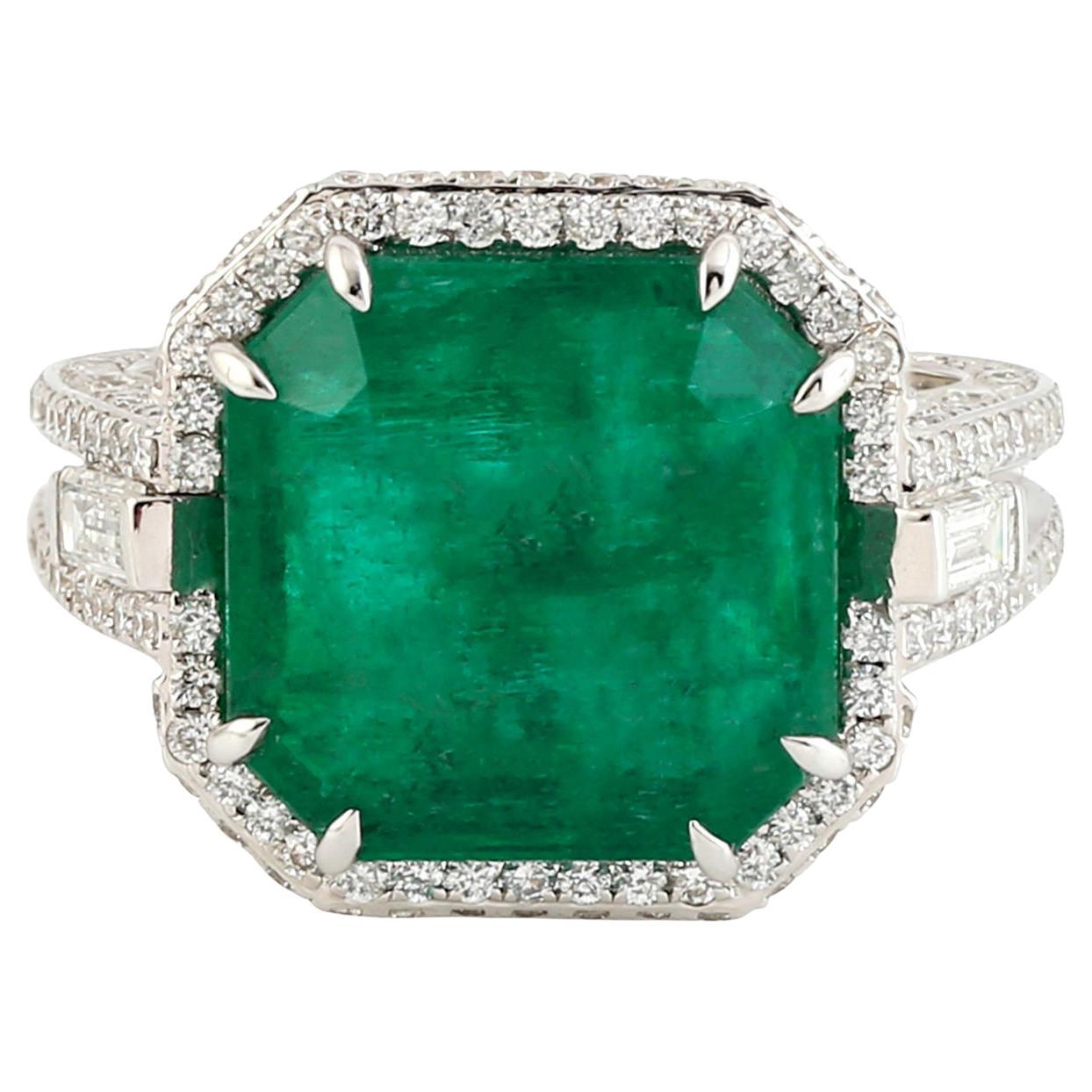 Natural Emerald & Diamond Statement Ring 10.50 Carats Total 18k White Gold