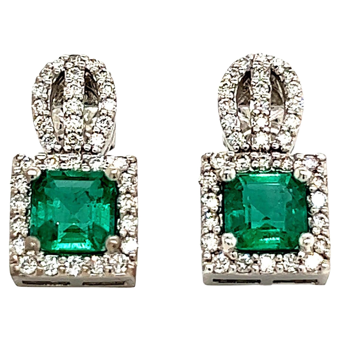 Pendientes de Diamante Esmeralda Natural Oro de 14k 2,84 TCW Certificado