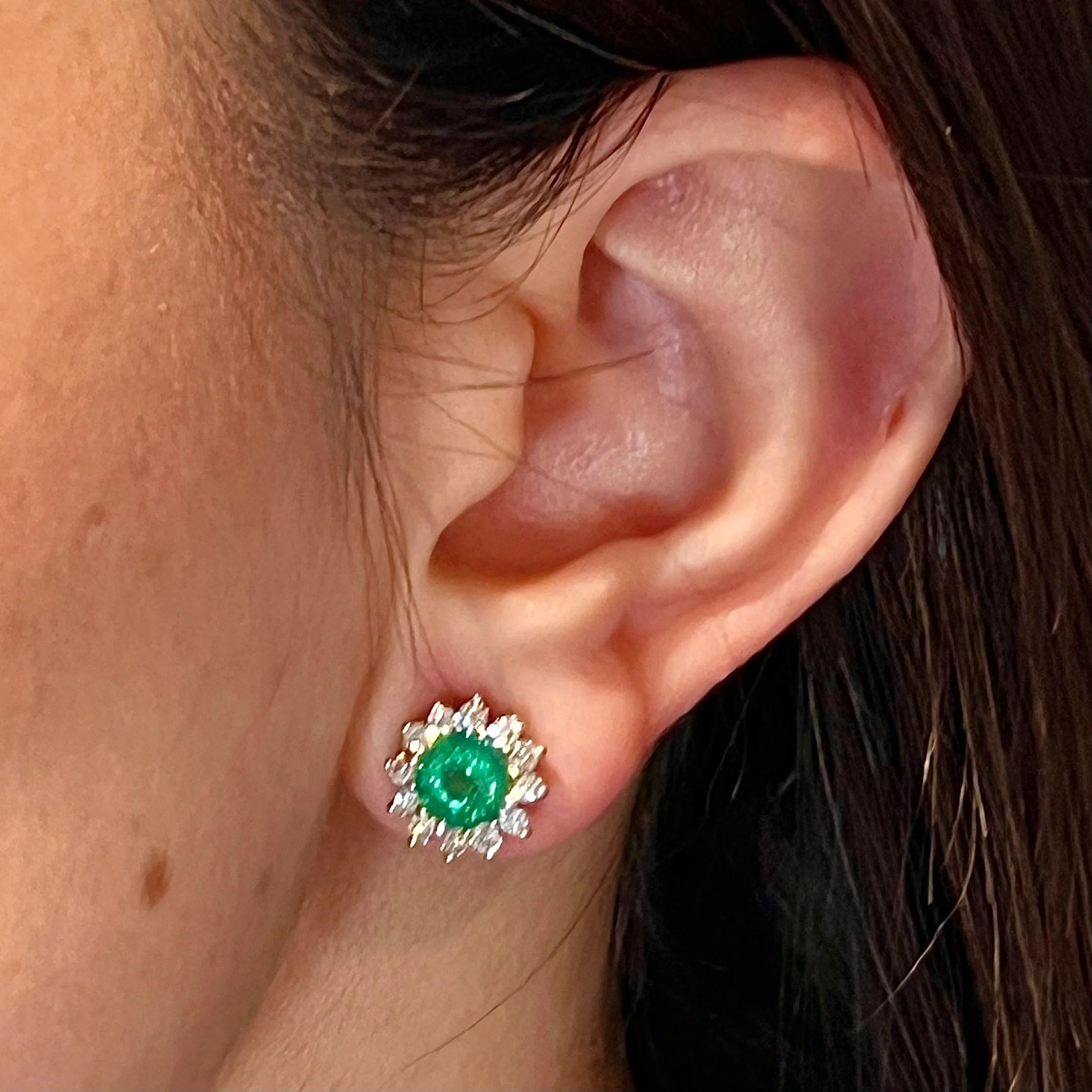 Natural Emerald Diamond Stud Earrings 14k W Gold 3.14 TCW Certified  For Sale 1