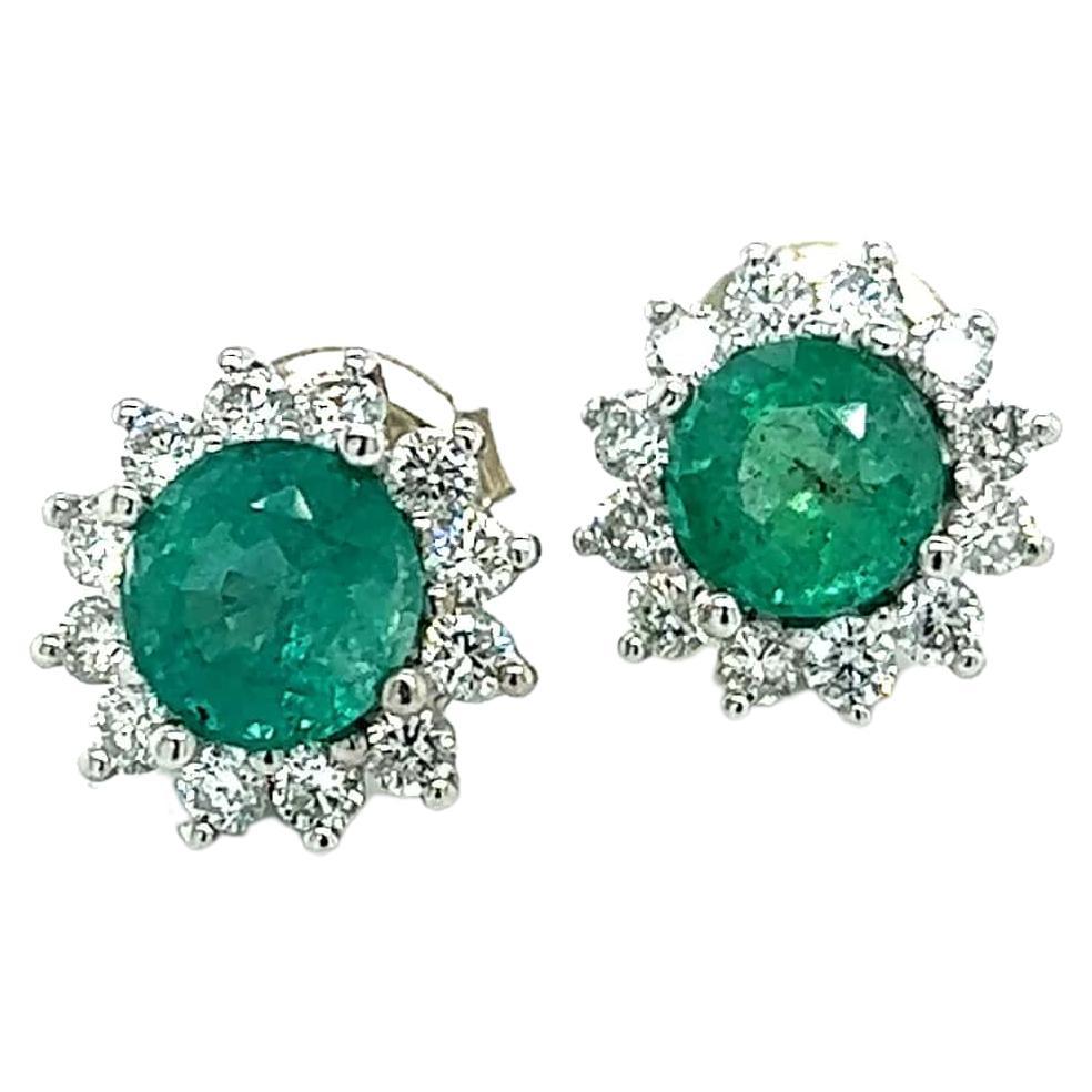 Natural Emerald Diamond Stud Earrings 14k W Gold 3.14 TCW Certified  For Sale