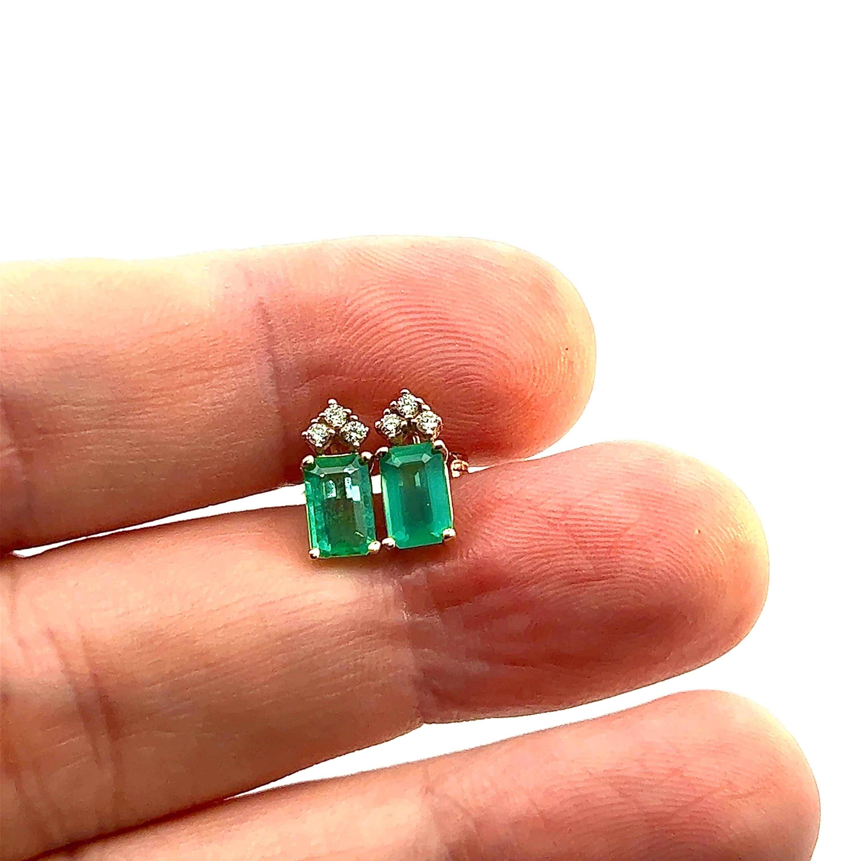Natural Emerald Diamond Stud Earrings 14k Yellow Gold 1.59 TCW Certified For Sale 1