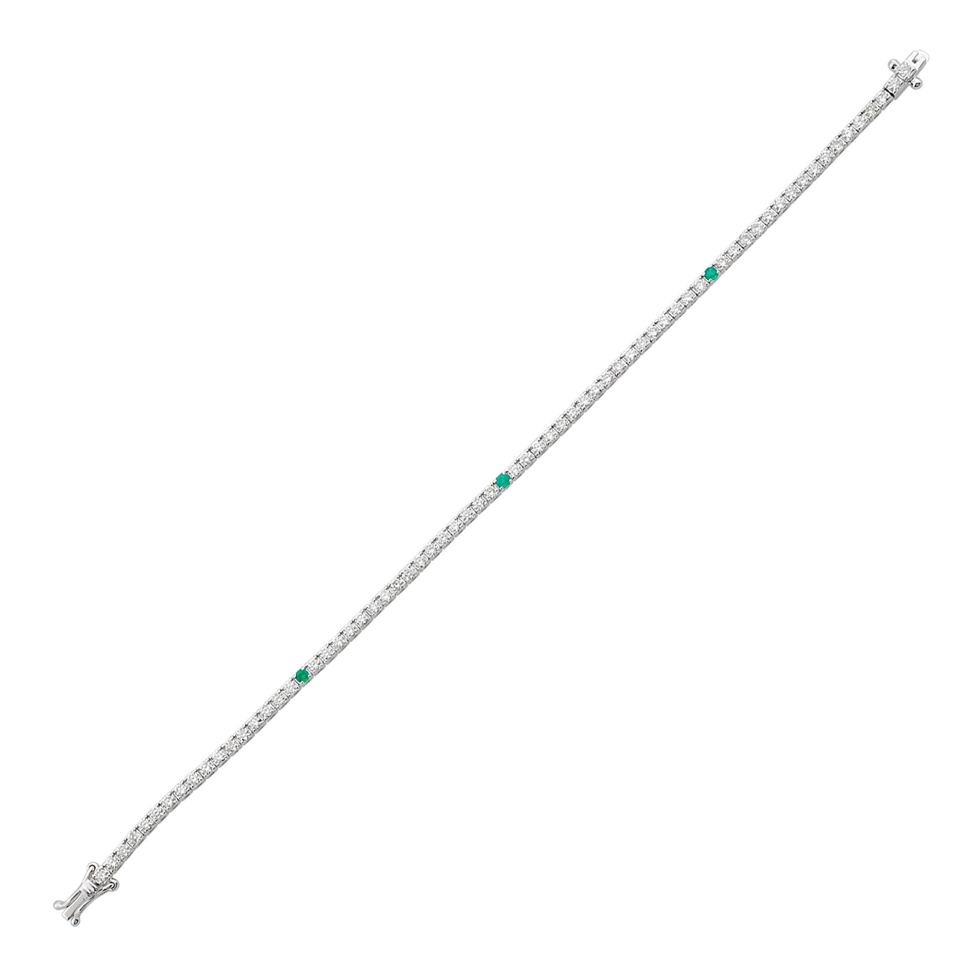 Modern Natural Emerald Diamond Tennis Bracelet 14 Karat White Gold Handmade Jewelry For Sale