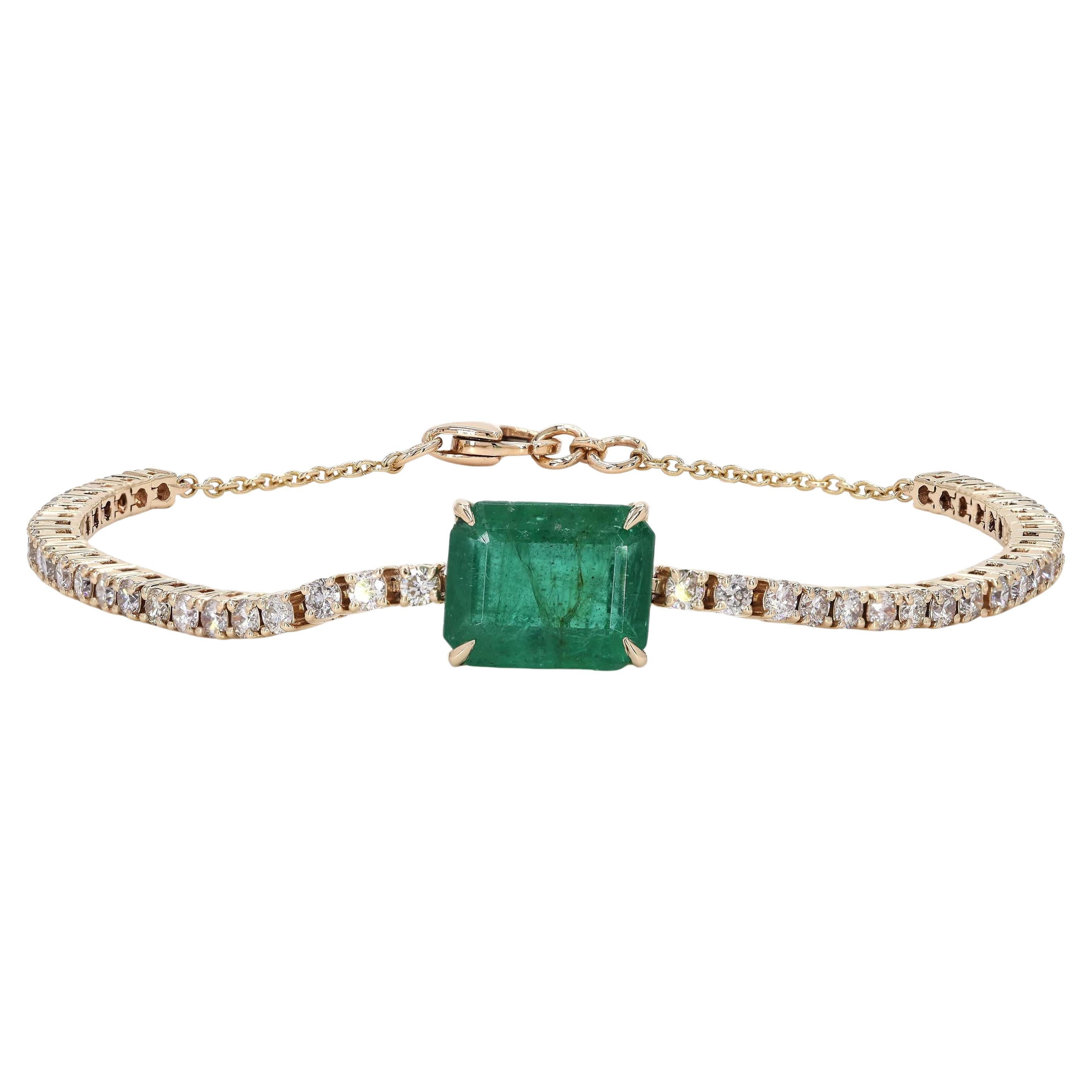 Natural Emerald Diamond Tennis Stacking Bracelet in 14k Solid Gold (Certified) For Sale