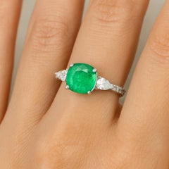 Natural Emerald Diamond Three Stone Engagement Ring 18 Karat White Gold