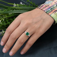 Natural Emerald Diamond Three Stone Ring 14 Karat White Gold Fine Jewelry