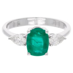 Natural Emerald Diamond Three Stone Ring 14 Karat White Gold Fine Jewelry
