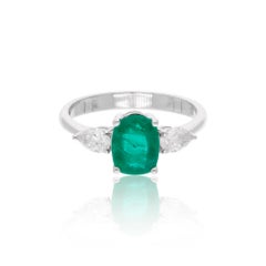 Natural Emerald Diamond Three Stone Ring 18 Karat White Gold Fine Jewelry