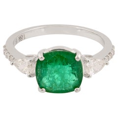 Natürlicher Smaragd Diamant Drei Stein Stil Verlobungsring Massiv 18k Weißgold
