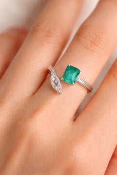 Natural Emerald Diamond Toi Et Moi Two Stone Bypass Ring 18 Karat White Gold