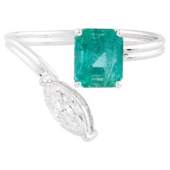 Natural Emerald Diamond Toi Et Moi Two Stone Bypass Ring 18 Karat White Gold