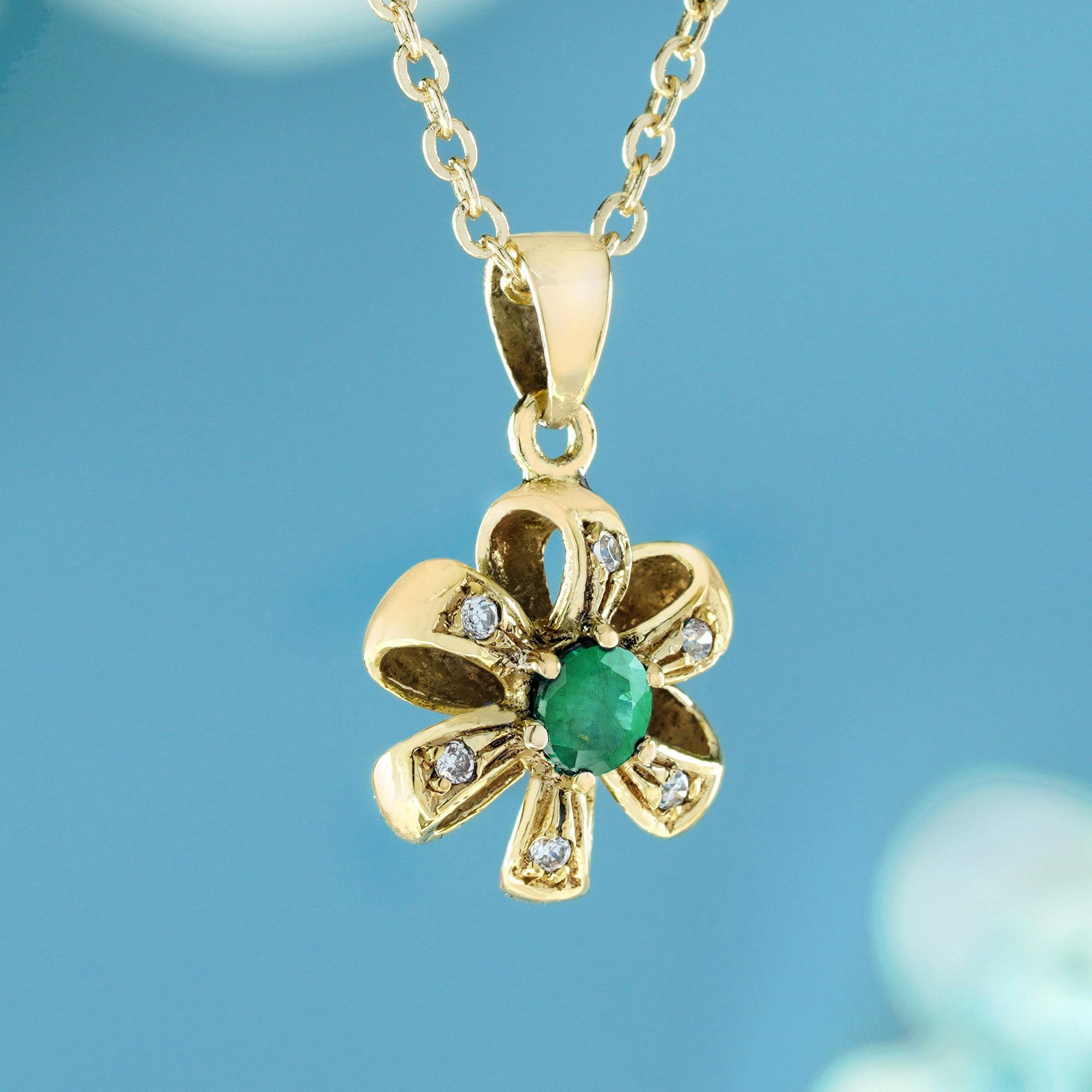 Edwardian Natural Emerald Diamond Vintage Style Floral Pendant in 9K Yellow Gold For Sale