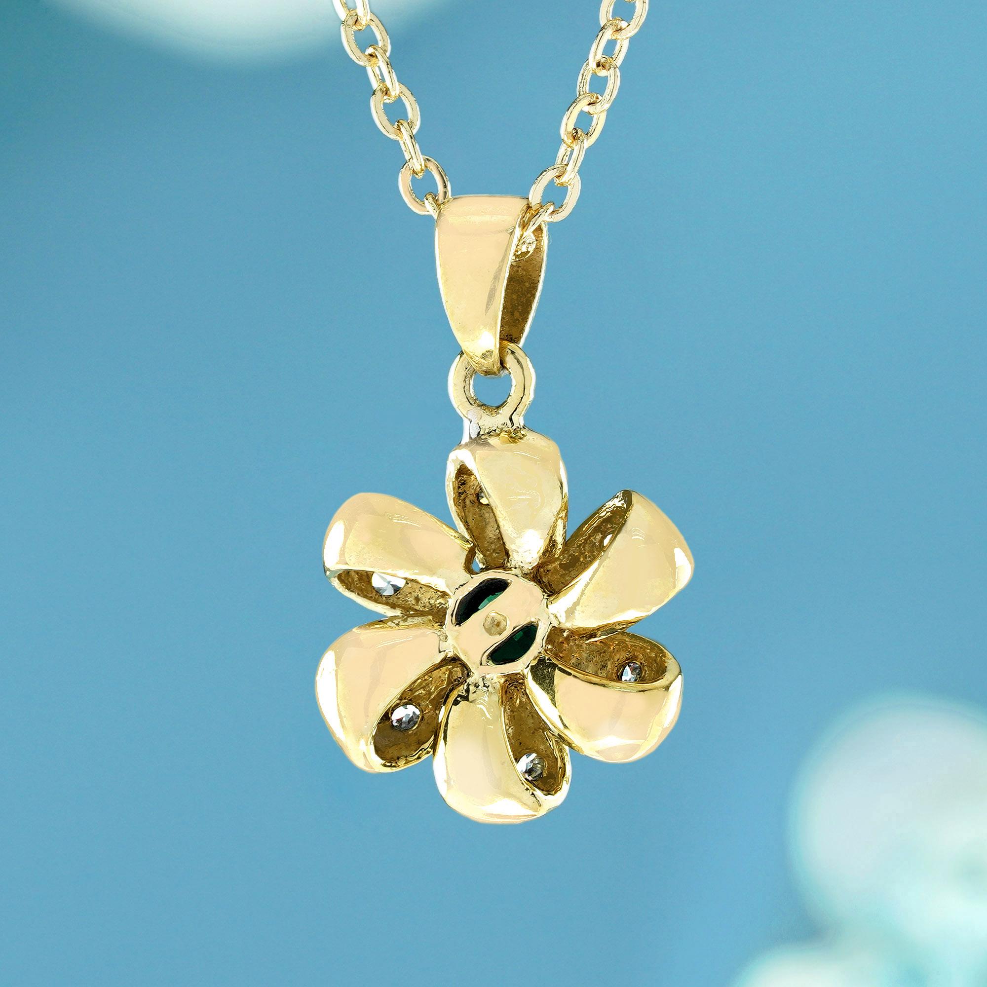 Round Cut Natural Emerald Diamond Vintage Style Floral Pendant in 9K Yellow Gold For Sale