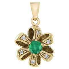 Natural Emerald Diamond Vintage Style Floral Pendant in 9K Yellow Gold