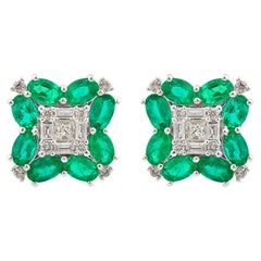 Natural Emerald Diamond Wedding Stud Earrings 10 Karat White Gold Fine Jewelry