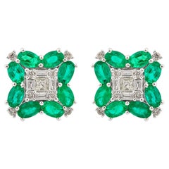 Natural Emerald Diamond Wedding Stud Earrings 10 Karat White Gold Fine Jewelry