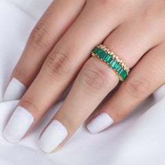 Emerald and Diamond Halo Band Ring in 18K Gold, New