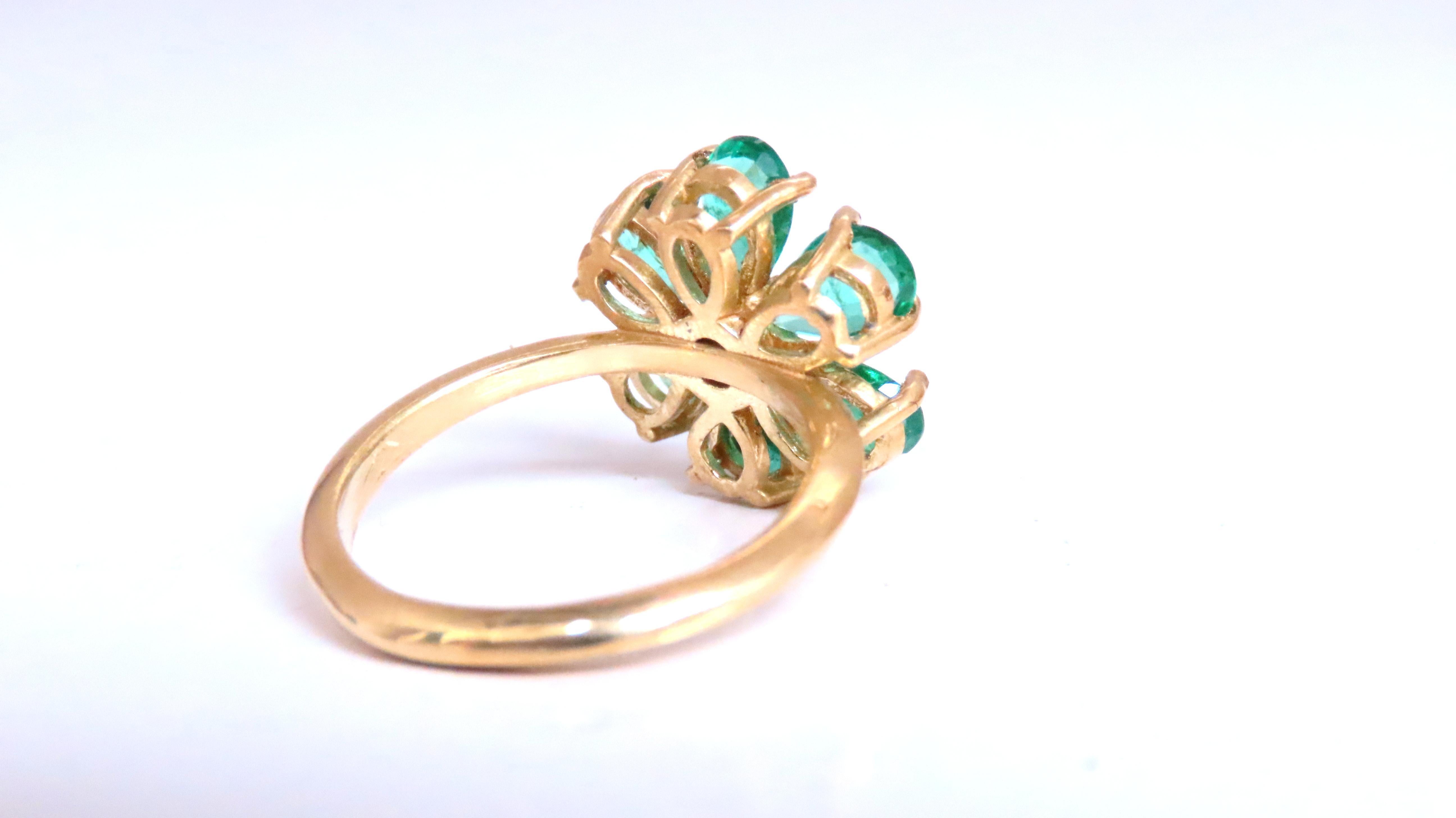 6ct natural emeralds diamond set
pear shaped emeralds
clean clarity and transparent 
0.30ct natural diamonds 
g-color vs-2 clarity
13mm diameter 
ring size 6
18kt yellow gold 10.3 grams 
$8,000.00 appraisal to accompany