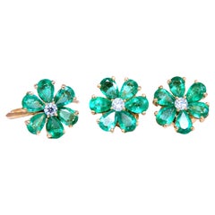 Natural Emerald Diamonds Cluster Earrings Ring Suite 18kt 12503