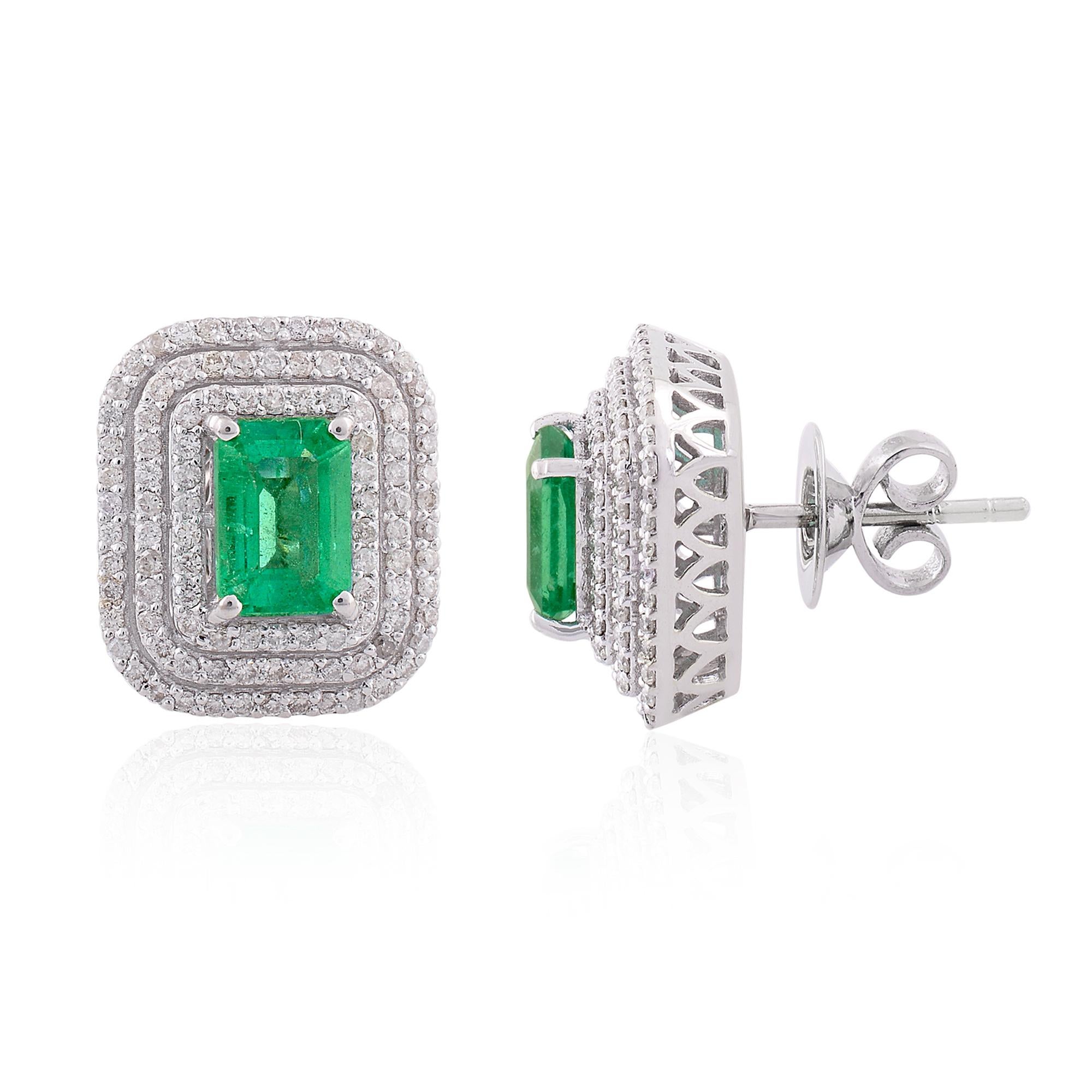 Item Code :- SEE-1416B
Gross Wt. :- 5.82 gm
18k Solid White Gold Wt. :- 5.32 gm
Natural Diamond Wt. :- 0.63 ct.  ( AVERAGE DIAMOND CLARITY SI1-SI2 & COLOR H-I )
Zambian Emerald Wt. :- 1.86 ct.
Earrings Size :- 15x12 mm approx.

Engagement Gift,