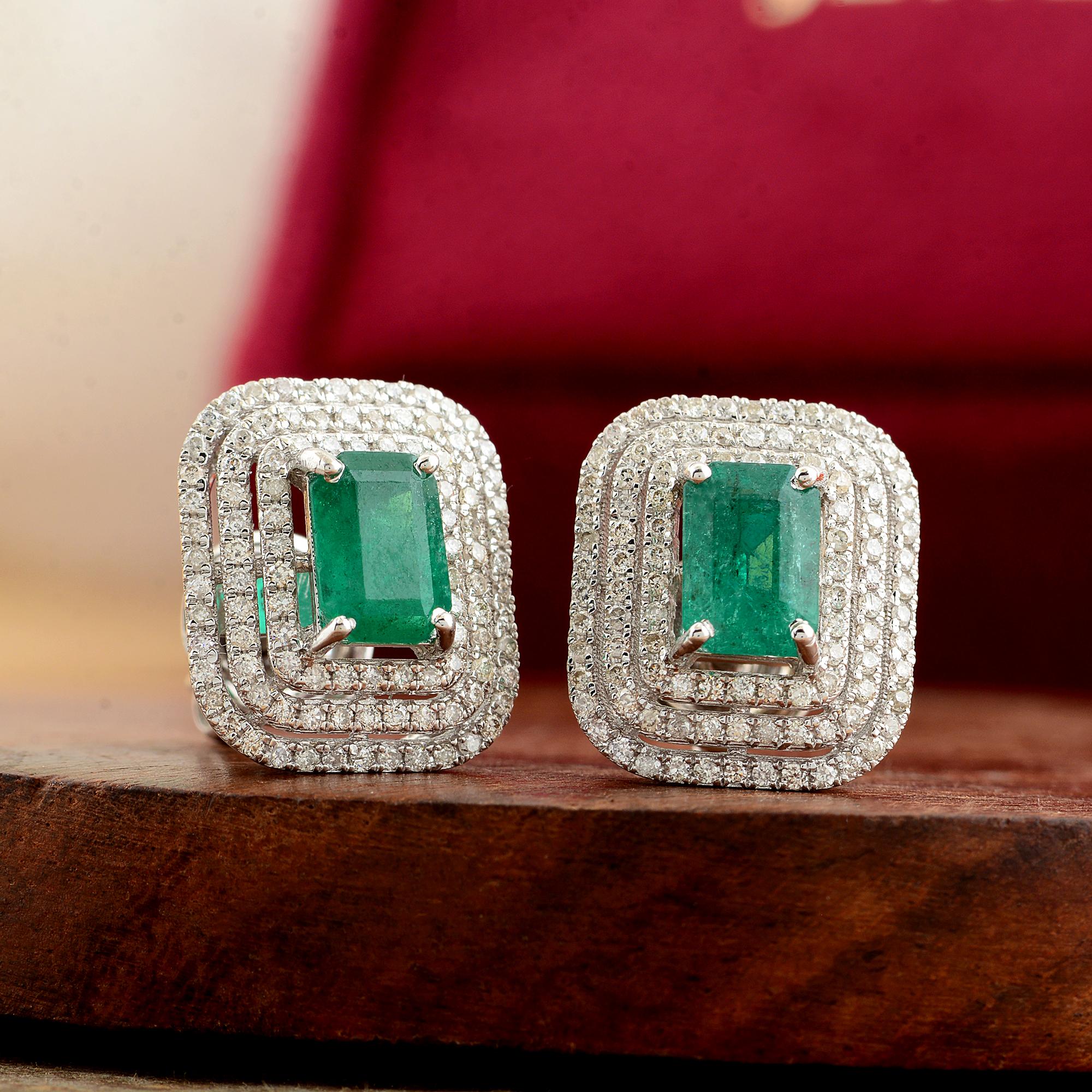 Modern Natural Emerald Double Halo Pave Diamond Stud Earrings Solid 18k White Gold For Sale