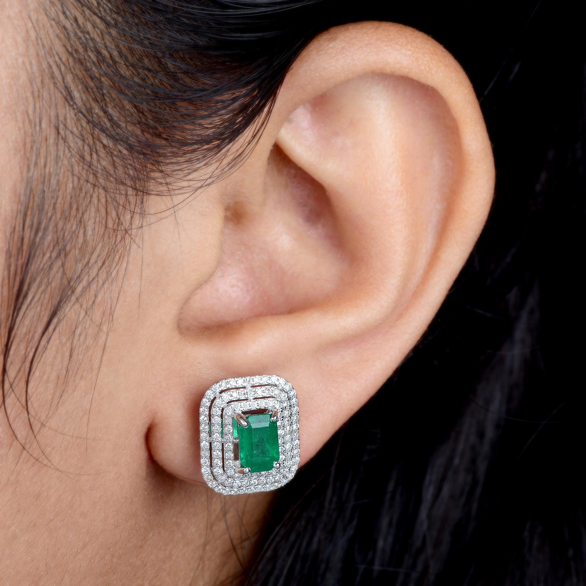 Emerald Cut Natural Emerald Double Halo Pave Diamond Stud Earrings Solid 18k White Gold For Sale