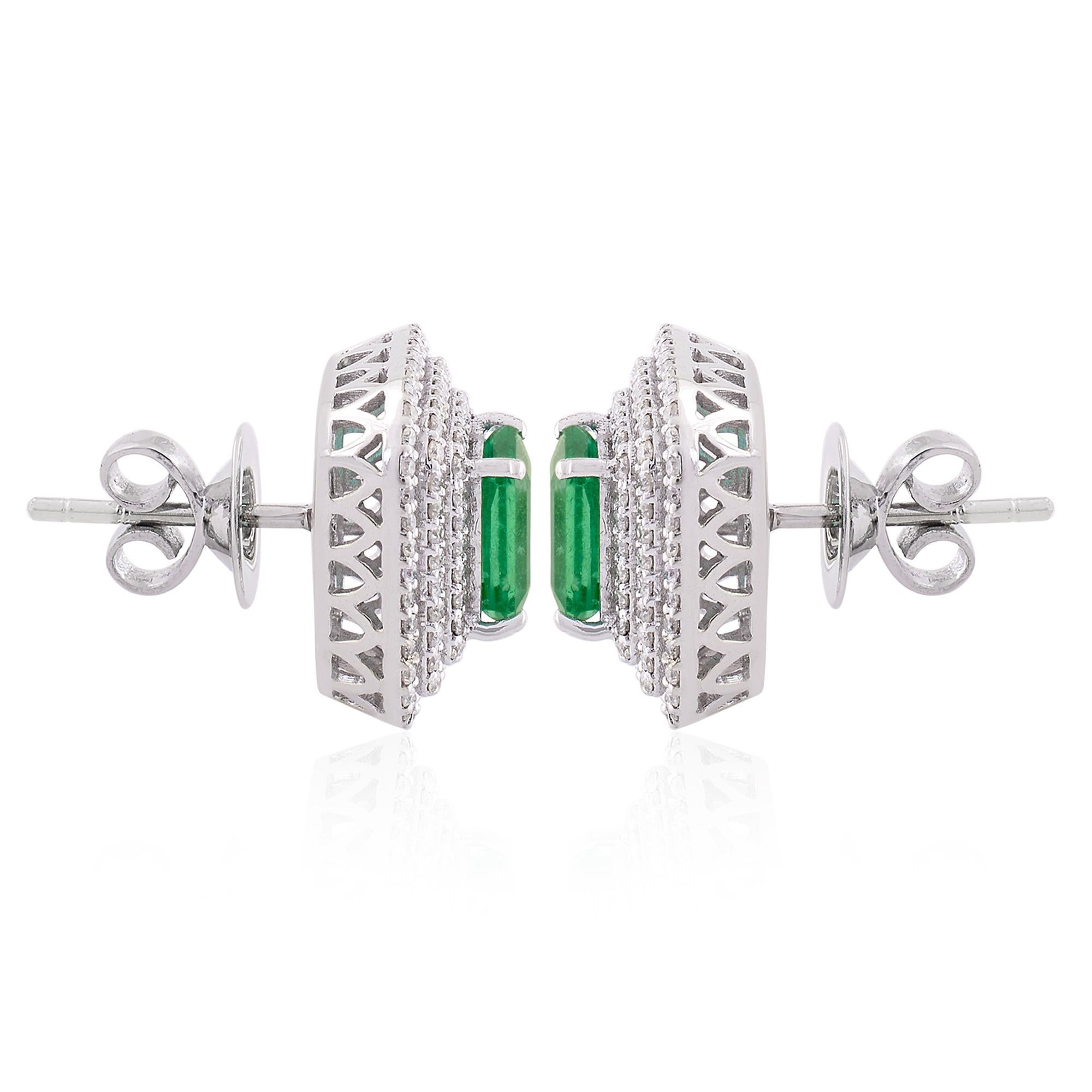 Natural Emerald Double Halo Pave Diamond Stud Earrings Solid 18k White Gold In New Condition For Sale In Diera, Dubai