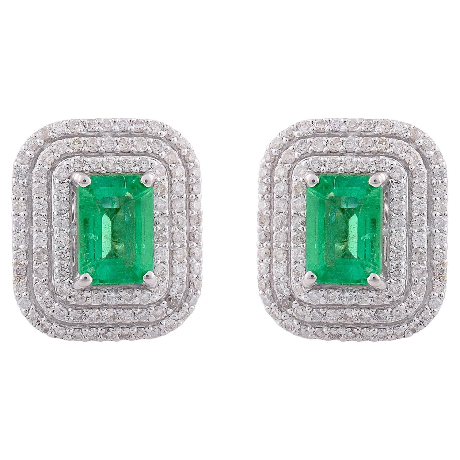 Natural Emerald Double Halo Pave Diamond Stud Earrings Solid 18k White Gold For Sale