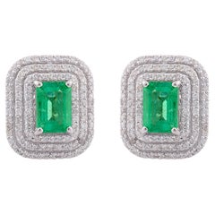 Natural Emerald Double Halo Pave Diamond Stud Earrings Solid 18k White Gold