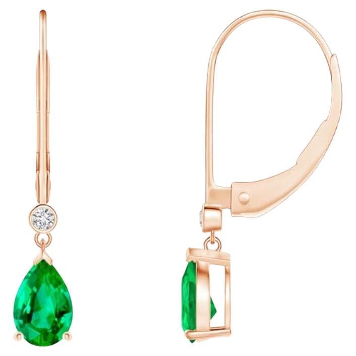 Natural Emerald Drop Earrings with Diamond in 14K Rose Gold (Size-6x4mm) For Sale