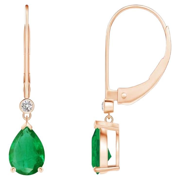 Natural Emerald Drop Earrings with Diamond in 14K Rose Gold (Size-7x5mm)