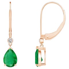 Natural Emerald Drop Earrings with Diamond in 14K Rose Gold (Size-7x5mm)