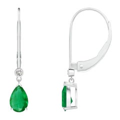 Natural Emerald Drop Earrings with Diamond in 14K White Gold (Size-6x4mm)