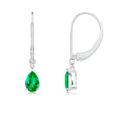 Natural Emerald Drop Earrings with Diamond in 14K White Gold (Size-6x4mm)