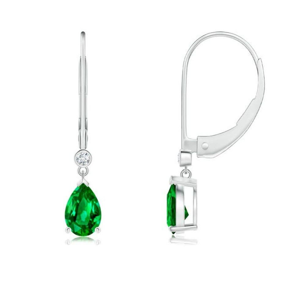 Natural Emerald Drop Earrings with Diamond in 14K White Gold (Size-6x4mm) For Sale