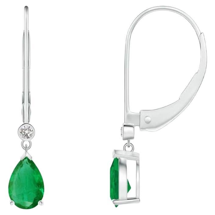 Natural Emerald Drop Earrings with Diamond in 14K White Gold (Size-6x4mm) For Sale