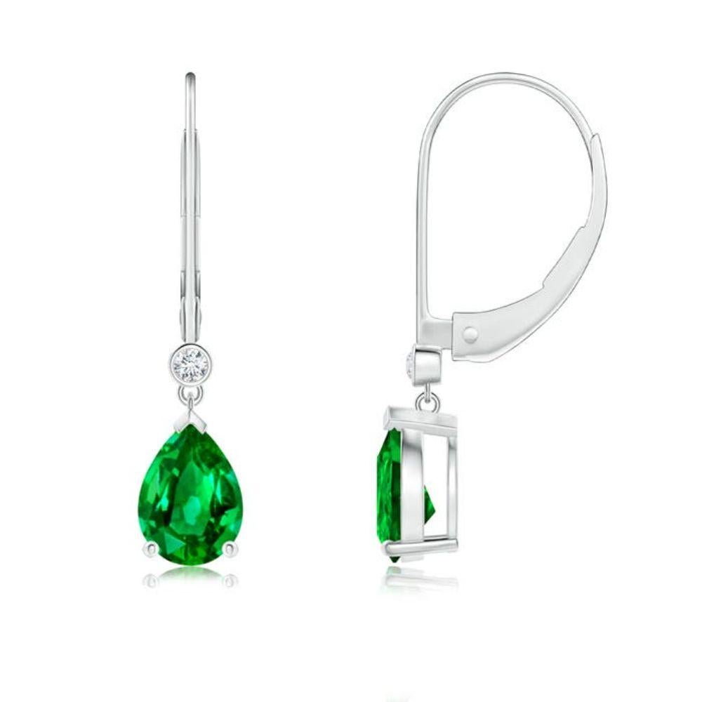 Natürliche Smaragd-Tropfen-Ohrringe mit Diamant in 14K Weißgold (Größe 7x5 mm) im Angebot